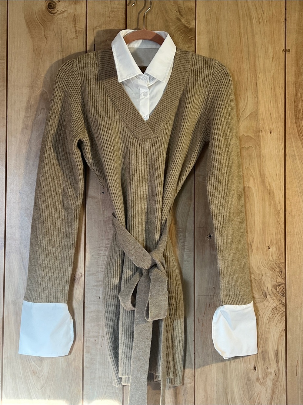 Tie-Waist V-Neck Knit Dress in Tan NWT